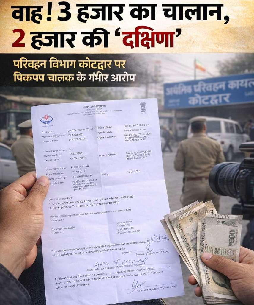 वाह: पहले 3 हजार का चालान, फिर 2 हजार की ‘दक्षिणा’, परिवहन विभाग कोटद्वार पर पिकअप चालक के गंभीर आरोप